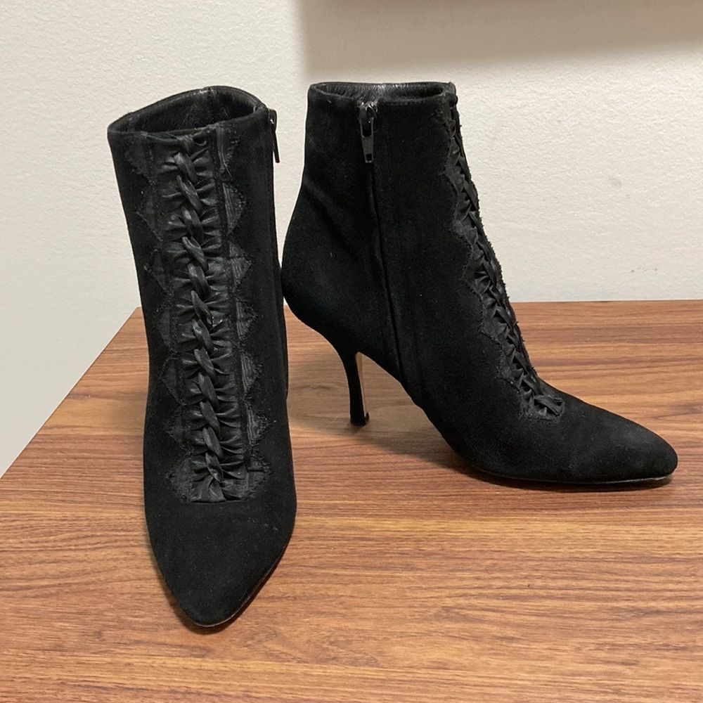 Badgley Mischa Black Suede Booties with Ribbon Detail and Stiletto Heel. Size 38